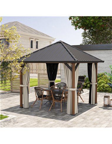 Outsunny 3 x 3(m) Hardtop Gazebo with Galvanised Steel Roof and Water Gutter, Waterproof Permanent Pavilion Garden Gazebo with N