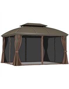 Outsunny 3.65 x 3(m) Hardtop Steel Gazebo Canopy with Aluminium Frame, Double Roof, Net Sidewalls and Curtains, Coffee