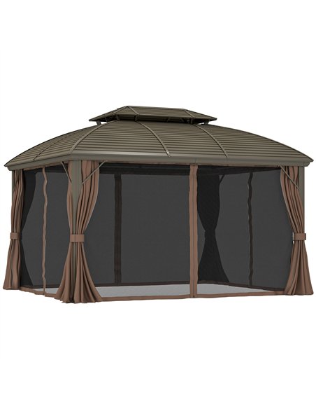 Outsunny 3.65 x 3(m) Hardtop Steel Gazebo Canopy with Aluminium Frame, Double Roof, Net Sidewalls and Curtains, Coffee - pic 119172 | FastDaddyshop
