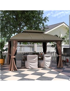 Outsunny 3.65 x 3(m) Hardtop Steel Gazebo Canopy with Aluminium Frame, Double Roof, Net Sidewalls and Curtains, Coffee 2