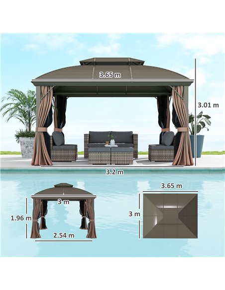 Outsunny 3.65 x 3(m) Hardtop Steel Gazebo Canopy with Aluminium Frame, Double Roof, Net Sidewalls and Curtains, Coffee - pic 119174 | FastDaddyshop