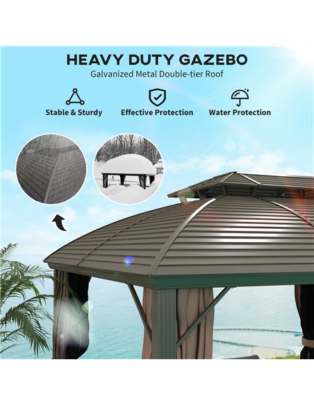 Outsunny 3.65 x 3(m) Hardtop Steel Gazebo Canopy with Aluminium Frame, Double Roof, Net Sidewalls and Curtains, Coffee - pic 119175 | FastDaddyshop
