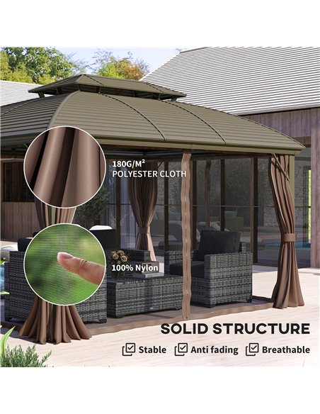 Outsunny 3.65 x 3(m) Hardtop Steel Gazebo Canopy with Aluminium Frame, Double Roof, Net Sidewalls and Curtains, Coffee - pic 119176 | FastDaddyshop
