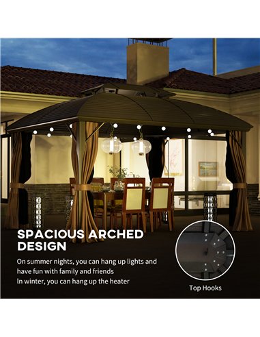 Outsunny 3.65 x 3(m) Hardtop Steel Gazebo Canopy with Aluminium Frame, Double Roof, Net Sidewalls and Curtains, Coffee