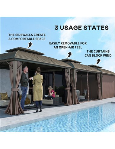 Outsunny 3.65 x 3(m) Hardtop Steel Gazebo Canopy with Aluminium Frame, Double Roof, Net Sidewalls and Curtains, Coffee