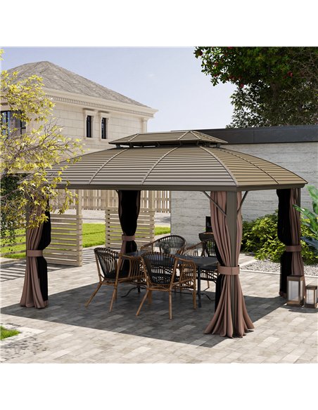 Outsunny 3.65 x 3(m) Hardtop Steel Gazebo Canopy with Aluminium Frame, Double Roof, Net Sidewalls and Curtains, Coffee - pic 119180 | FastDaddyshop