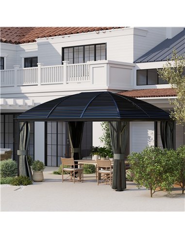 Outsunny 3 x 4m Hardtop Gazebo Canopy with Metal Roof, Aluminium Gazebo Permanent Pavilion with Netting and Curtains, Dark Grey