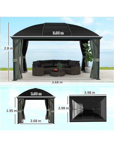 Outsunny 3 x 4m Hardtop Gazebo Canopy with Metal Roof, Aluminium Gazebo Permanent Pavilion with Netting and Curtains, Dark Grey - pic 119201 | FastDaddyshop
