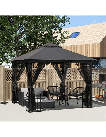 Outsunny 3 x 3(m) Garden Gazebo Patio Party Tent Shelter Outdoor Canopy Double Tier Sun Shade Metal Frame Netting, Dark Grey - pic 119218 | FastDaddyshop
