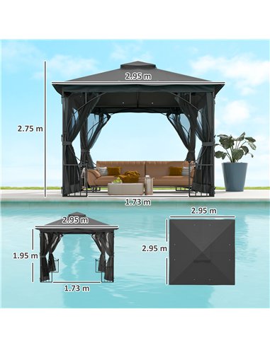 Outsunny 3 x 3(m) Garden Gazebo Patio Party Tent Shelter Outdoor Canopy Double Tier Sun Shade Metal Frame Netting, Dark Grey