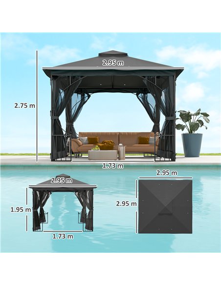 Outsunny 3 x 3(m) Garden Gazebo Patio Party Tent Shelter Outdoor Canopy Double Tier Sun Shade Metal Frame Netting, Dark Grey - pic 119219 | FastDaddyshop