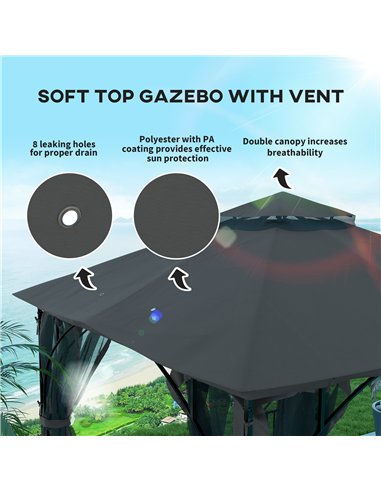 Outsunny 3 x 3(m) Garden Gazebo Patio Party Tent Shelter Outdoor Canopy Double Tier Sun Shade Metal Frame Netting, Dark Grey