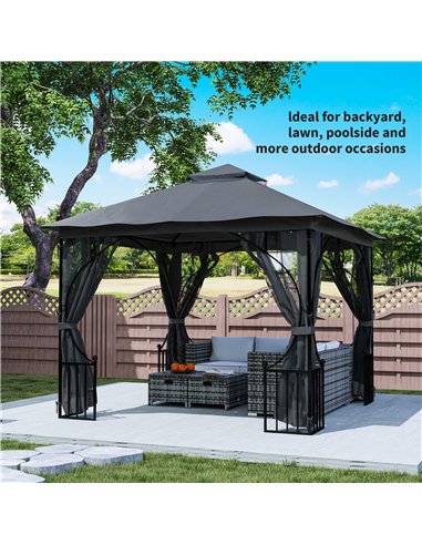 Outsunny 3 x 3(m) Garden Gazebo Patio Party Tent Shelter Outdoor Canopy Double Tier Sun Shade Metal Frame Netting, Dark Grey