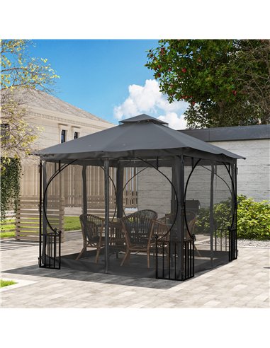 Outsunny 3 x 3(m) Garden Gazebo Patio Party Tent Shelter Outdoor Canopy Double Tier Sun Shade Metal Frame Netting, Dark Grey