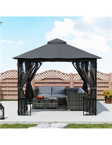 Outsunny 3 x 3(m) Garden Gazebo Patio Party Tent Shelter Outdoor Canopy Double Tier Sun Shade Metal Frame Netting, Dark Grey