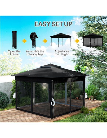 Outsunny 3 x 3(m) Pop Up Gazebo Party Tent with Solar-Powered LED Lights, Adjustable Event Shelter with Netting, Black - pic 119240 | FastDaddyshop