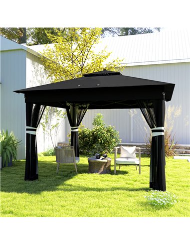 Outsunny 3 x 3(m) Pop Up Gazebo Party Tent with Solar-Powered LED Lights, Adjustable Event Shelter with Netting, Black