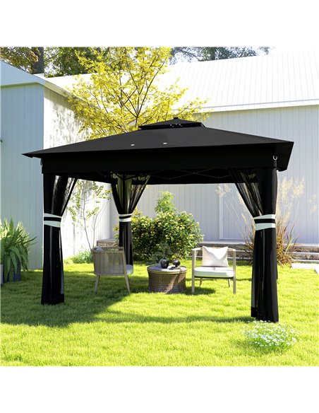 Outsunny 3 x 3(m) Pop Up Gazebo Party Tent with Solar-Powered LED Lights, Adjustable Event Shelter with Netting, Black - pic 119242 | FastDaddyshop