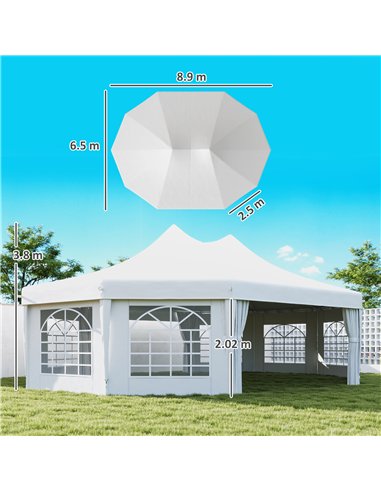 Outsunny 10 Sides Decagonal Garden Gazebo Marquee Party Tent Wedding Canopy Outdoor Heavy Duty Metal Frame (8.9m x 6.5m) - White