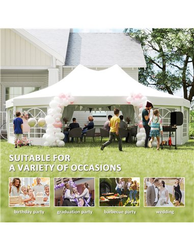 Outsunny 10 Sides Decagonal Garden Gazebo Marquee Party Tent Wedding Canopy Outdoor Heavy Duty Metal Frame (8.9m x 6.5m) - White