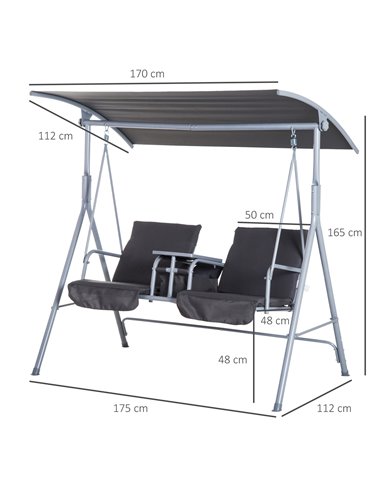 Outsunny Steel Frame 2-Seater  Swing Chair w/ Table Grey