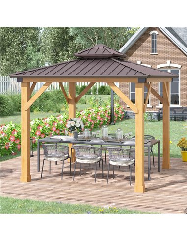 Outsunny 3x(3)M Outdoor Hardtop Gazebo Canopy with 2-Tier Roof and Solid Wood Frame, Outdoor Patio Shelter for Patio, Garden, Br