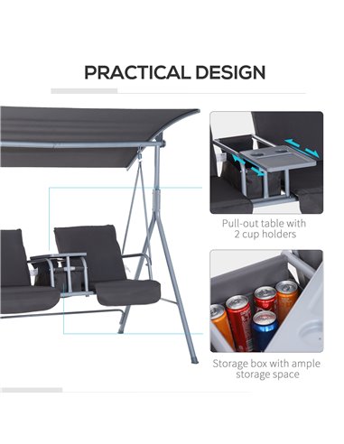 Outsunny Steel Frame 2-Seater  Swing Chair w/ Table Grey