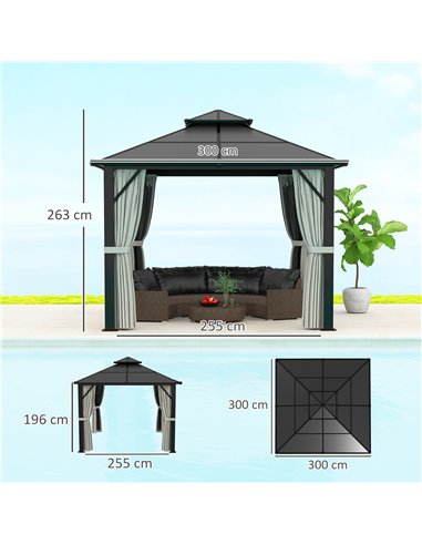 Outsunny 3 x 3(m) Hardtop Gazebo Canopy with UPF30+ Double Polycarbonate Roof, Aluminium Frame Garden Gazebo Permanent Pavilion 
