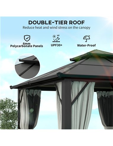 Outsunny 3 x 3(m) Hardtop Gazebo Canopy with UPF30+ Double Polycarbonate Roof, Aluminium Frame Garden Gazebo Permanent Pavilion 