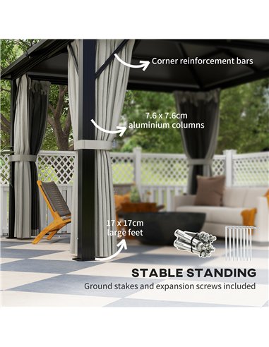 Outsunny 3 x 3(m) Hardtop Gazebo Canopy with UPF30+ Double Polycarbonate Roof, Aluminium Frame Garden Gazebo Permanent Pavilion 