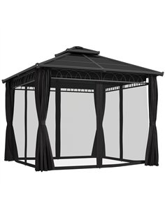 Outsunny 3 x 3 (m) Outdoor Polycarbonate Gazebo, Double Roof Hard Top Gazebo with Galvanised Steel Frame, Nettings & Curtains fo