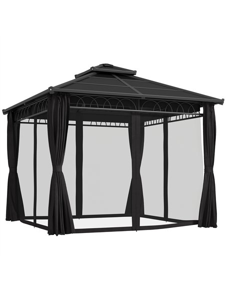 Outsunny 3 x 3 (m) Outdoor Polycarbonate Gazebo, Double Roof Hard Top Gazebo with Galvanised Steel Frame, Nettings & Curtains fo - pic 119325 | FastDaddyshop