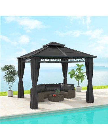 Outsunny 3 x 3 (m) Outdoor Polycarbonate Gazebo, Double Roof Hard Top Gazebo with Galvanised Steel Frame, Nettings & Curtains fo