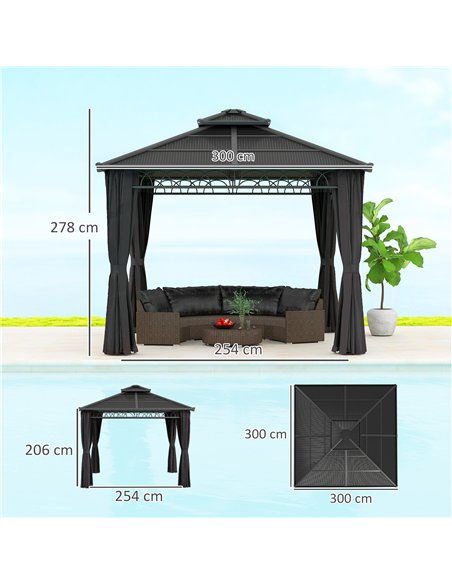 Outsunny 3 x 3 (m) Outdoor Polycarbonate Gazebo, Double Roof Hard Top Gazebo with Galvanised Steel Frame, Nettings & Curtains fo - pic 119327 | FastDaddyshop