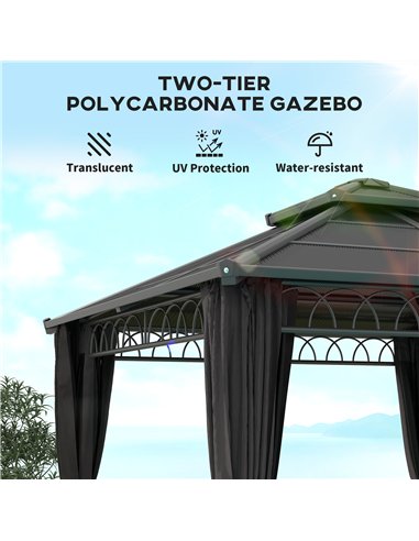 Outsunny 3 x 3 (m) Outdoor Polycarbonate Gazebo, Double Roof Hard Top Gazebo with Galvanised Steel Frame, Nettings & Curtains fo