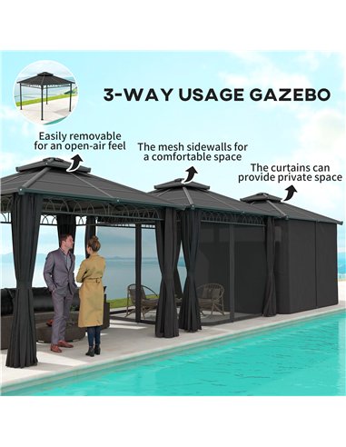 Outsunny 3 x 3 (m) Outdoor Polycarbonate Gazebo, Double Roof Hard Top Gazebo with Galvanised Steel Frame, Nettings & Curtains fo