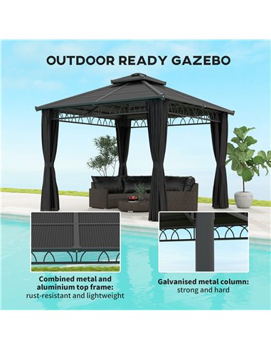 Outsunny 3 x 3 (m) Outdoor Polycarbonate Gazebo, Double Roof Hard Top Gazebo with Galvanised Steel Frame, Nettings & Curtains fo