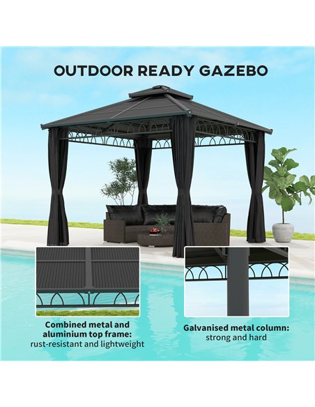 Outsunny 3 x 3 (m) Outdoor Polycarbonate Gazebo, Double Roof Hard Top Gazebo with Galvanised Steel Frame, Nettings & Curtains fo - pic 119330 | FastDaddyshop