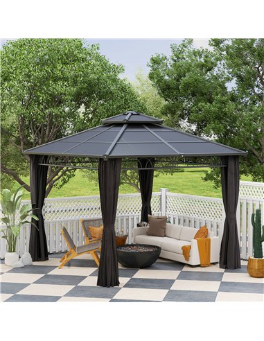 Outsunny 3 x 3 (m) Outdoor Polycarbonate Gazebo, Double Roof Hard Top Gazebo with Galvanised Steel Frame, Nettings & Curtains fo