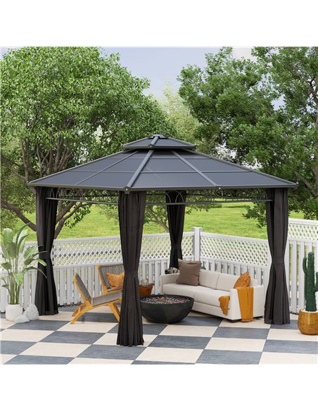 Outsunny 3 x 3 (m) Outdoor Polycarbonate Gazebo, Double Roof Hard Top Gazebo with Galvanised Steel Frame, Nettings & Curtains fo - pic 119332 | FastDaddyshop
