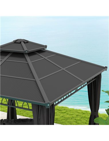 Outsunny 3 x 3 (m) Outdoor Polycarbonate Gazebo, Double Roof Hard Top Gazebo with Galvanised Steel Frame, Nettings & Curtains fo