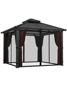 Outsunny 3 x 3(m) Hardtop Gazebo Canopy with 7mm Double Polycarbonate Roof, Garden Gazebo Permanent Pavilion with Mosquito Netti