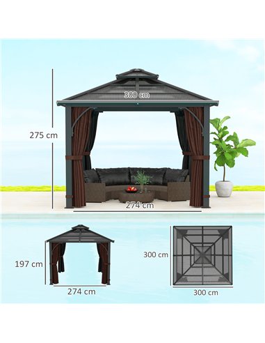 Outsunny 3 x 3(m) Hardtop Gazebo Canopy with 7mm Double Polycarbonate Roof, Garden Gazebo Permanent Pavilion with Mosquito Netti