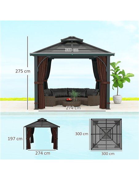 Outsunny 3 x 3(m) Hardtop Gazebo Canopy with 7mm Double Polycarbonate Roof, Garden Gazebo Permanent Pavilion with Mosquito Netti - pic 119345 | FastDaddyshop