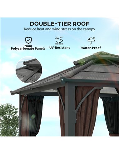 Outsunny 3 x 3(m) Hardtop Gazebo Canopy with 7mm Double Polycarbonate Roof, Garden Gazebo Permanent Pavilion with Mosquito Netti