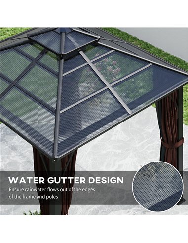 Outsunny 3 x 3(m) Hardtop Gazebo Canopy with 7mm Double Polycarbonate Roof, Garden Gazebo Permanent Pavilion with Mosquito Netti