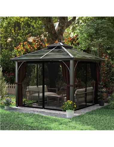 Outsunny 3 x 3(m) Hardtop Gazebo Canopy with 7mm Double Polycarbonate Roof, Garden Gazebo Permanent Pavilion with Mosquito Netti