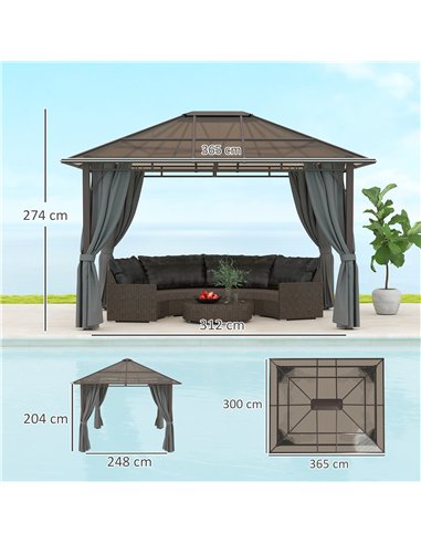 Outsunny 3 x 3.6m Hardtop Gazebo Canopy with Polycarbonate Roof Garden Pavilion with Removable Curtains and Steel Frame, Dark Gr