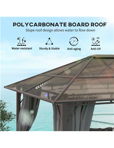 Outsunny 3 x 3.6m Hardtop Gazebo Canopy with Polycarbonate Roof Garden Pavilion with Removable Curtains and Steel Frame, Dark Gr
