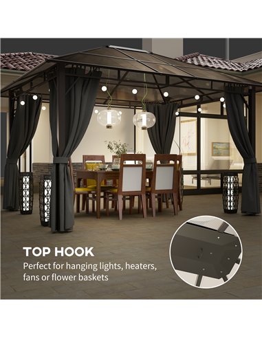 Outsunny 3 x 3.6m Hardtop Gazebo Canopy with Polycarbonate Roof Garden Pavilion with Removable Curtains and Steel Frame, Dark Gr